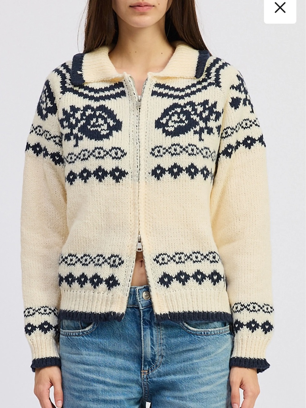 Jacquie the Label Remi Fair Isle Cream and Navy Double Zipper Cardigan- Size M